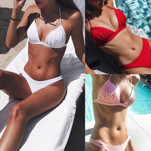 Summer Women Two-piece Bikini Set Solid Color Halter Bandage Pleated Swimsuit Beach Swimwear Bathing Suits Push Up Beachwear hot