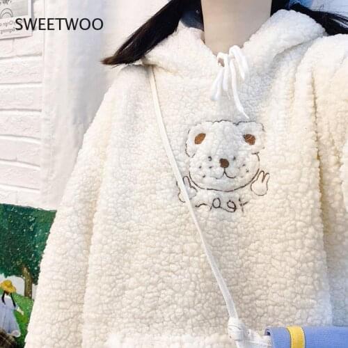 Kawaii Hoodies Women Winter 2021 Fashion Embroidery Funny Print Pullover Long Sleeve Cute Tops Casual Women Sweatshirt