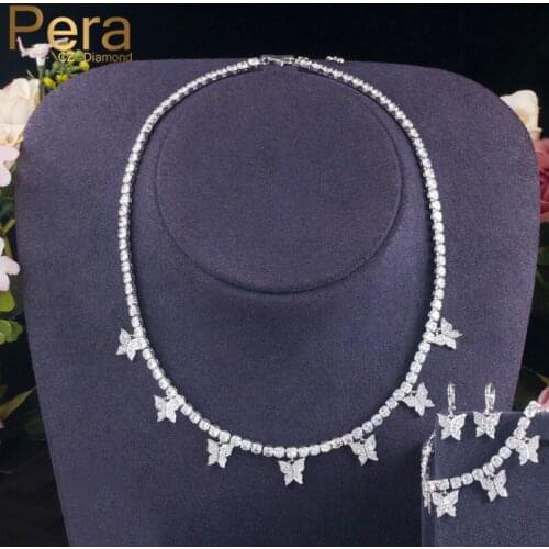 Pera Gorgeous Dangle Butterfly Engagement Party Jewelry Set 3Pcs CZ Crystal Chokers Necklace Earrings for Women Accessories J341