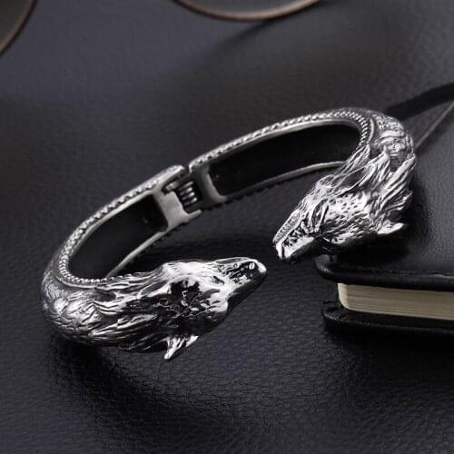 Stainless Steel Wolf Head Opening Bangle Punk Mens Jewelry