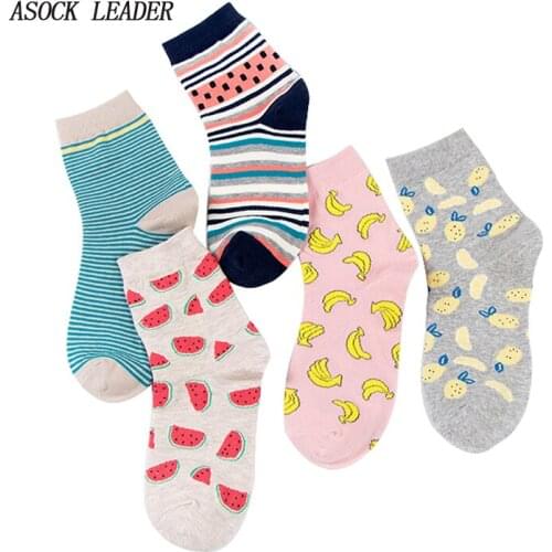 2018 Spring&Summer New Cotton Ladies Socks Fresh Fruit Pattern Solid Color Long Socks 5 Pairs / Lot