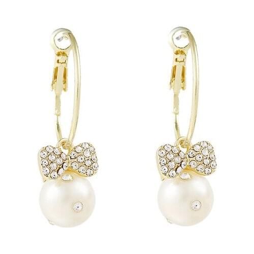 New Earrings Fashion Jewelry Full Of Crystal Bowknot Simulation Pearl Pendant Temperament Versatile Earrings Wholesale Kolczyki