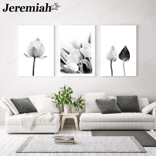 Nordic Black and White Floral Canvas Poster Simple Lotus Tulip Painting Wall Art Modern Living Room Bedroom Decoration