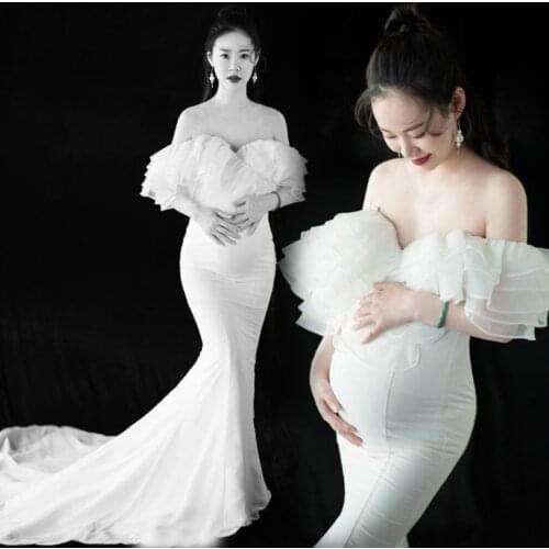 Shoulderless Maternity Dresses Photography Long Pregnancy Dress For Pregnant Photo Shoot Props Ruffles Women Maxi Maternity Gown