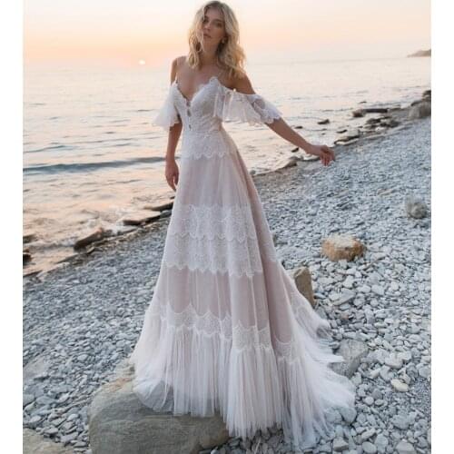 Romantic Beach Wedding Dress 2021 A-Line Spaghetti Straps Off Shoulder Ruffles Lace Embroidery Bridal Gown Vestidos De Noiva