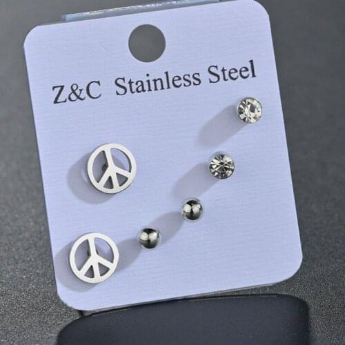 Trendy Small Silver Color Round Lovely Crystal Mental Ball Stud Earrings Women Stainless Steel 3 Pair/set Jewelry Romantic Gift