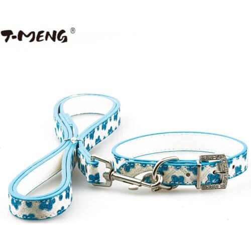 T-MENG PET Products Dog Collar Leash For Puppy Small Dogs Pu Leather Luxury Bling Rhinestorn Flower Cat Necklace Dog Accessories