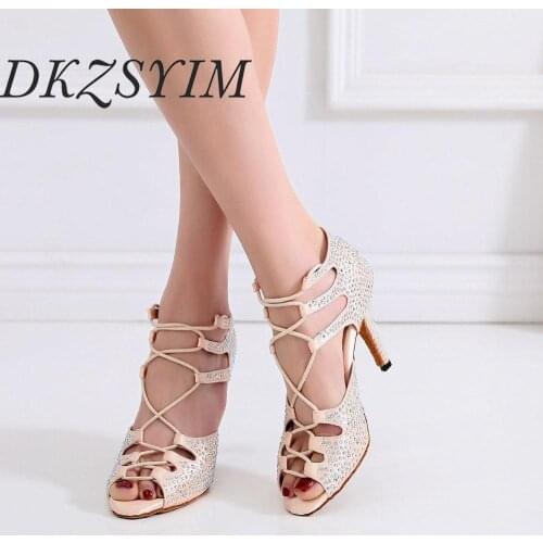 DKZSYIM Ballroom Latin Dance Shoes Women Flamenco Tango Pole Salsa Rhinestone Dancing Shoes Girls Pink Boots Wholesale 2020