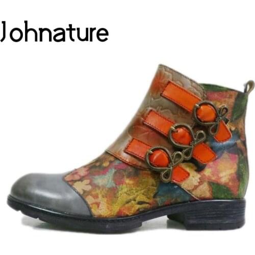 Johnature 2020 New Autumn Platform Boots Genuine Leather Zip Women Shoes Mixed Colors Round Toe Sewing Embossing Ankle Boots