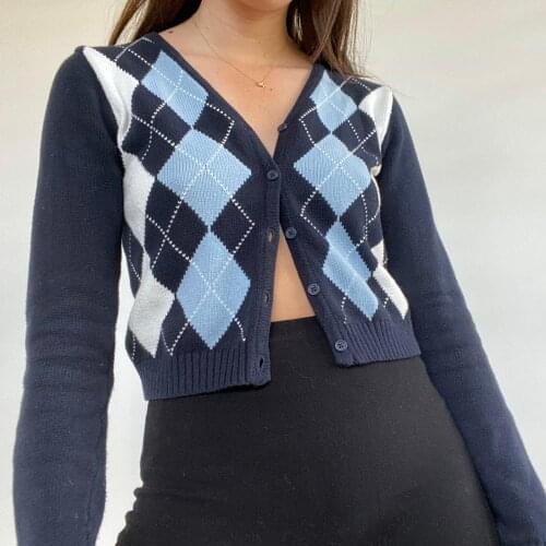 Argyle Cropped Knit Cardigan Womens Soft V-neck Button Up Sweater Preppy Aesthetic e-girl Outfit