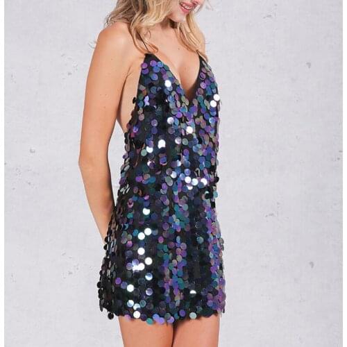 2019 Summer women dress Deep V sequin sundress Backless luxury slip dress sexy party short dress vestido Camisole S M L XL