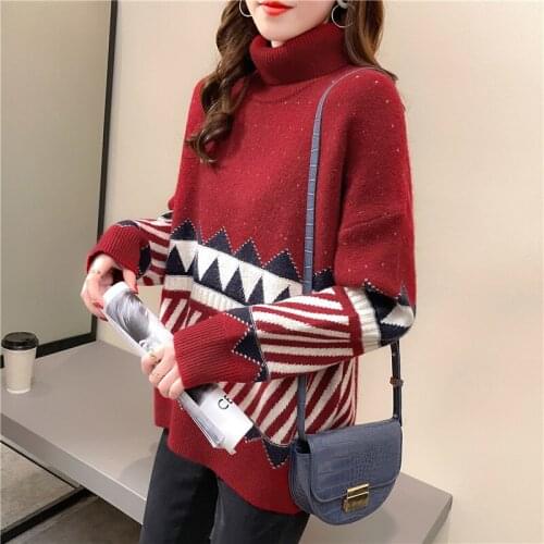2021 Turtleneck Womens Sweater Winter Color Matching Thicken Warm Pullovers Women Casual Loose Long Sleeve Jumpers Female Top