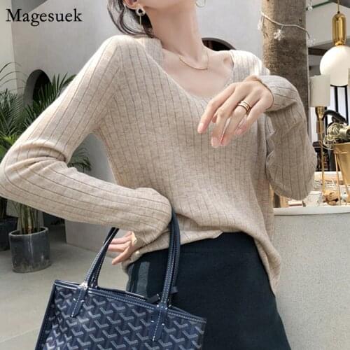 2021 Autumn Winter Knitted Womens Sweater Pullover V-Neck Casual Slim Jumper Sweaters Tops Fashion Korean Solid Sweater 15933