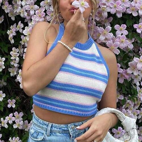 Stripe Knitted Halter Neck Crop Top Women Backless Green Sleeveless Blue Off Shoulder Vest 2021 Summer Y2K Bandage Sexy Tank Top