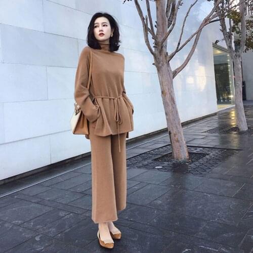 Womens Suit Autumn Winter Knitted Women Suit 2 Piece Set Solid Color Turtleneck Pullover Sweater Knit Wide Leg Pants Suit Sets