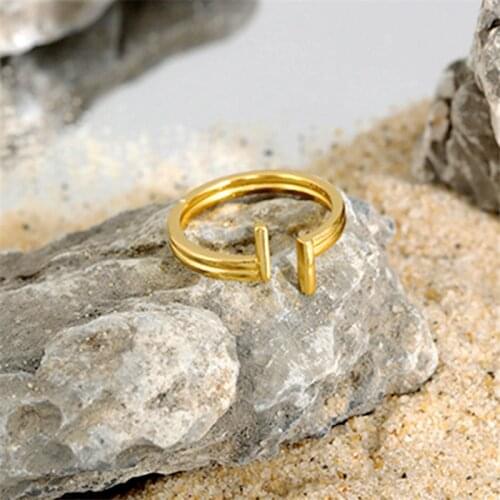 Fashion Korean Personality INS Double-Layer Double T Geometric Glossy Open Ring Cold Wind Women Tibetan Silver Jewelry J01161