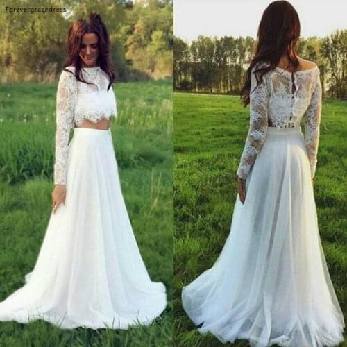 White Lace Two Pieces Wedding Dress High Quality Sexy A Line Long Sleeves Boho Bridal Gown Plus Size Vestido De noiva
