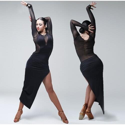 2021 Latin Dance Clothes Adult Side Slit Sexy Black Dress Women Tango Salsa Dance Costume Rumba Performance Clothing VDB3252