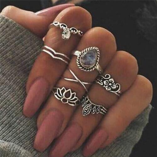 Ahmed 7pcs/set Gold Silver Vintage Hollow Lotus Crystal Midi Finger Ring Set for Women Fashion Bohemian Party Gifts Girl Jewelry