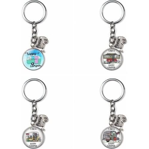 Cute Happy Camper Travel Car Keychain Glass Mens Cabochon Jewelry Glamping Goddess Traveler Gift Key Chain Pendant I Camp