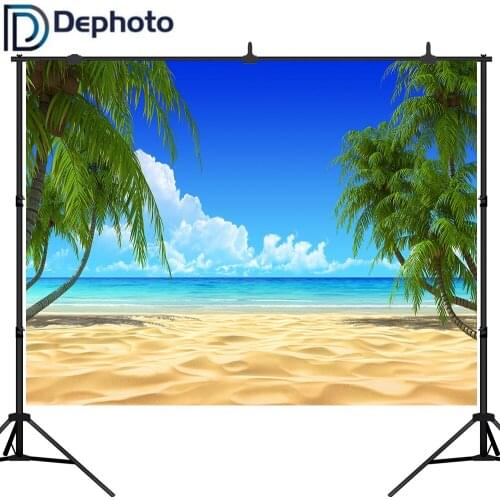 Dephoto Beach Themed Photography Backdrops Palm Trees Blue Sky Seawater Clouds Summer Holiday Wedding Photo Backgrounds