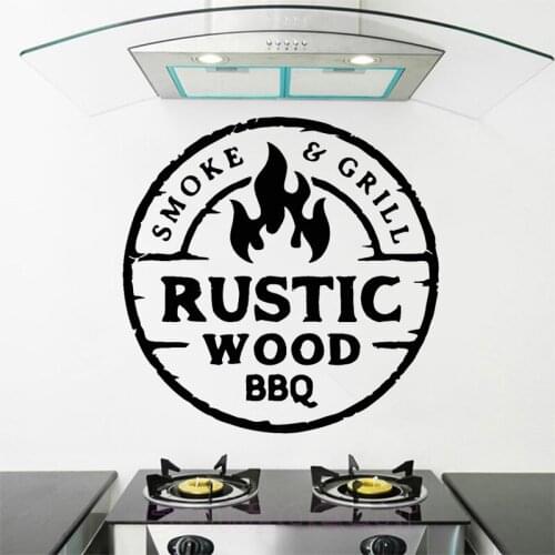 Rustic Wood BBQ Wall Sticker Smoke Grill Decal Personalized Kitchen Room Decor Menu Steak Stickers Removable Mural Fire C6023