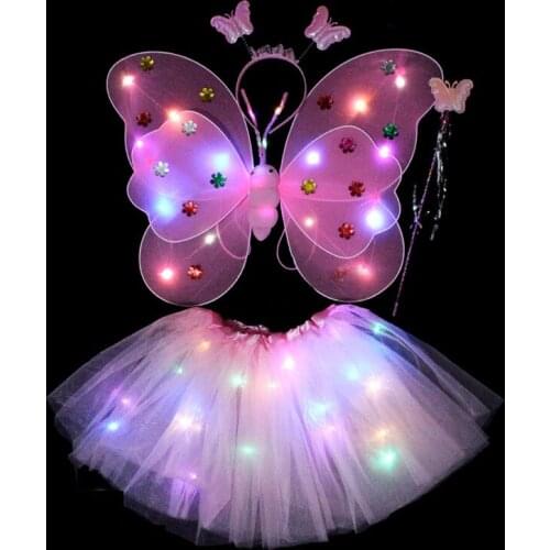 Children Performance Costume Props Girls Skirts Angel Luminous Wings Flashing Angel Butterfly Skirt Lights 3pcs Set Suit 2-8year