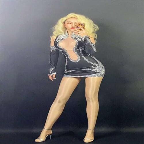 H16 Female see through rhinestones dress model wear crystal skirt pole dance dress diamonds outfit drill one piece party dress