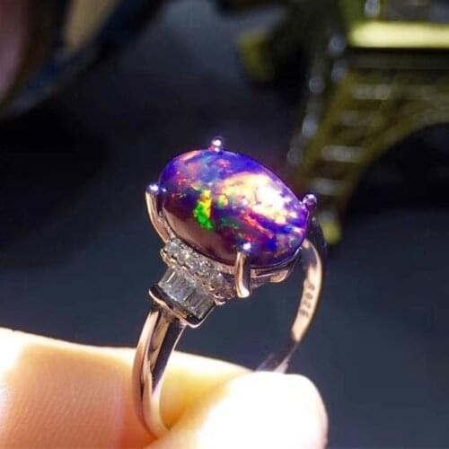 Natural real black opal oval ring Free shipping 8*12mm 2ct gemstone 925 sterling silver Fine jewelry J212291