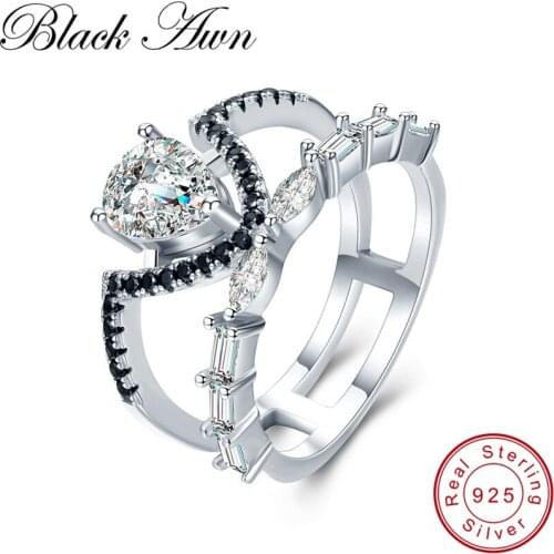 [BLACK AWN] 100% Real 925 Sterling Silver Rings for Women Black Spinel Silver 925 Jewelry Hollow Engagement Ring G020
