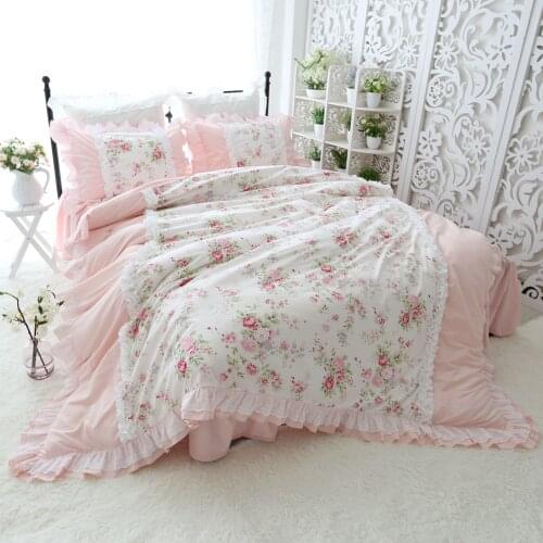 FAMIFUN Sweet Princess Bedding Set Heavy Wrinkle Handmade Ruffle Lace Splice Duvet Cover Pink Pastoral King Size Bedspread