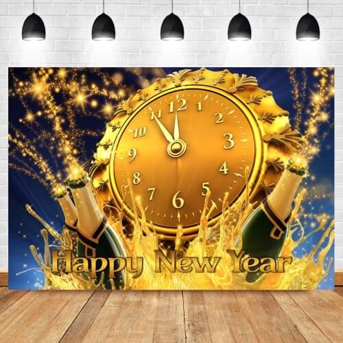 Laeacco Happy New Year Gold Clock Photography Background Celebration 2022 Champagne Family Party Decor Photocall Backdrop Poster