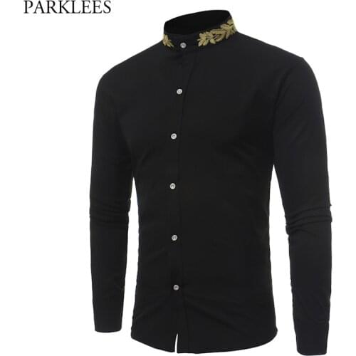 Stand Collar Men Shirt 2017 Brand New Gold Embroidery Men Shirt Long Sleeve Slim Fit Cotton Male Shirts Casual Mens Dress Shirts