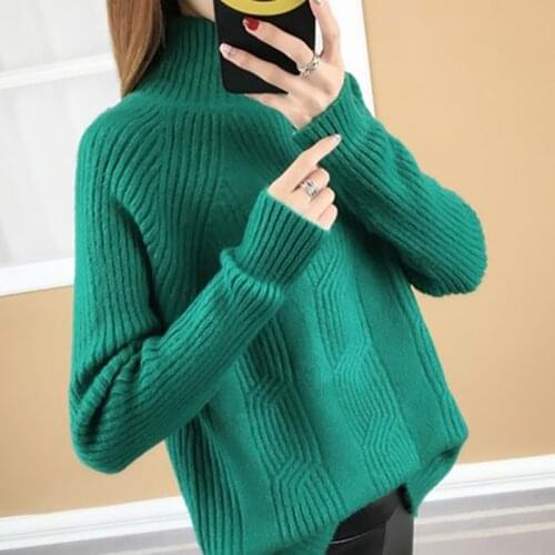 2020 New Autumn Winter Women Fashion Western Style Sweater Loose High Neck Solid Causal Warm Thick Knitted Pullovers W549