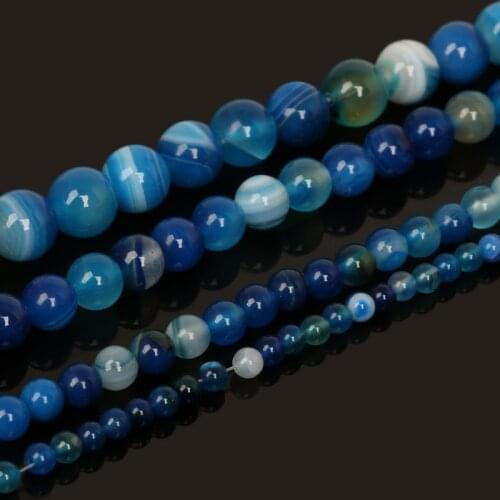 Wholesale 15'' Blue Natural Stone Carnelian Beads Round Stripe Dyed Carnelian Bead 4/6/8/10mm Pick Size For Bracelet Jewelry