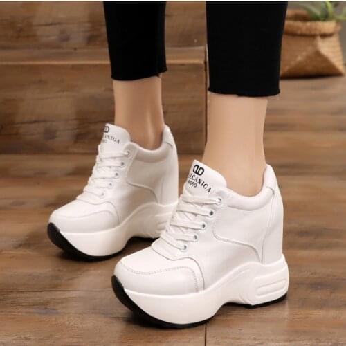 Autumn PU Leather Sneakers Hidden Increasing Shoes Women Wedge Casual Shoes Comfortable High Heels 11 CM Platform Shoes
