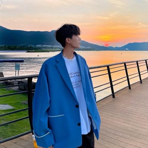 Autumn Solid Color Elegant Blue Blazer Men Suit Jacket Korean Style Loose V-neck Long Sleeve Blazers Black/Blue/Rice white