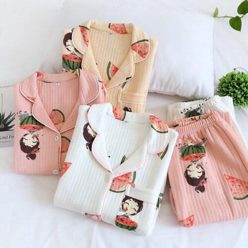Fdfklak Cotton Pajama For Women Autumn Full Sleeves Pink/White Print Pijamas Sleepwear 2020 New Two Pieces Pyjama Femme