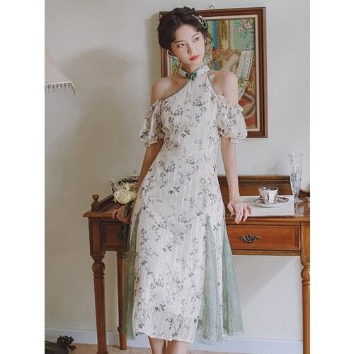 Summer New Womens Bohemian Travel Vacation Strapless Hanging Neck Dress Printing Stitching Mid-Length Dress Cheongsam Dress
