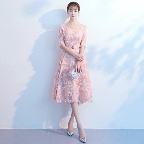 Bridesmaids Dresses Illusion Half V-Neck A-Line Lace Tulle Sashes Knee-Length Luxury Vintage Pink Women Wedding Party Gown E673