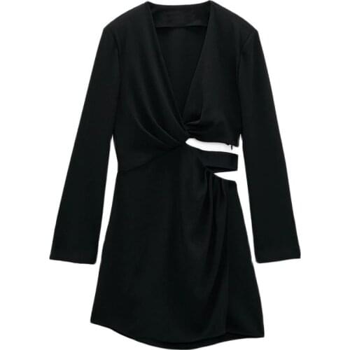 VUWWYV Za Black Cut Out Dress Woman Pleated Short Dress Women Long Sleeve Summer Dresses for Women 2021 Going Out Mini Dress