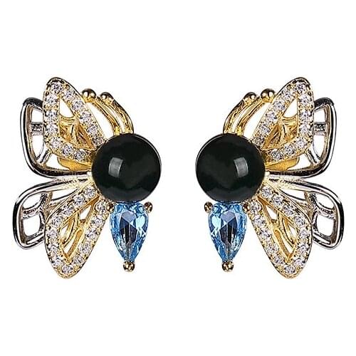S925 sterling silver gold plated natural Mexican blue amber stud earrings personality affordable luxury fashion Butterfly Lady