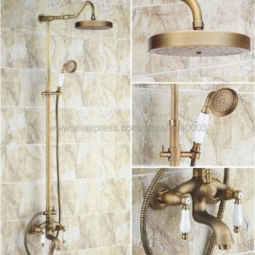 Shower Faucets Antique Brass Bathroom Rainfall Shower Faucet Set Mixer Tap with Handshower+Tub Spout Krs248