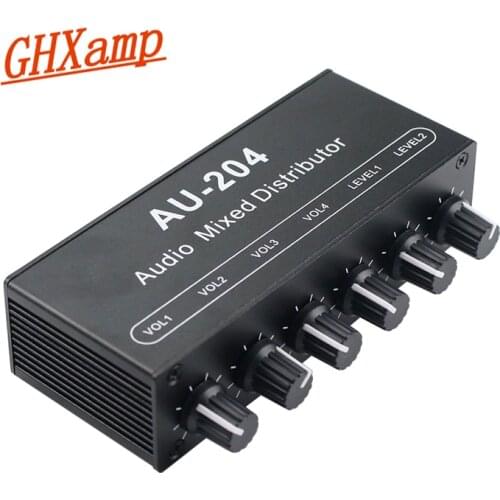 Stereo Mixer audio (2 input 4 output) Push four headphones or external power amplifiers Volume independent control DC5-19V