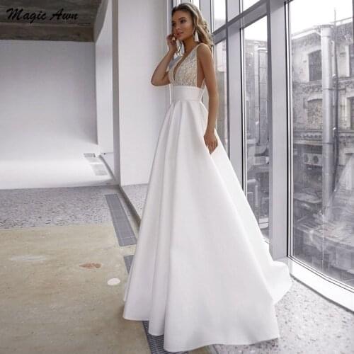 Magic Awn New Boho Wedding Dresses Lace Appliques Backless A-Line Beach Mariage Gowns Princess Wedding Party Gown Robe De Mariee