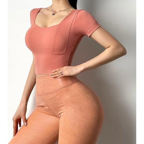 WOMENGAGA Girl Sports Short Sleeve Womens Workout Square Collar Tight Short Running Quick Fitness T Shirt Summer Tees Tops 0XJI