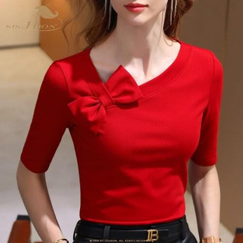SISHION 2021 Half Sleeve Women Autumn Tops Blouses VD2333 Ladies Black Red Coffee 50s 60s Bow Vintage T Shirt