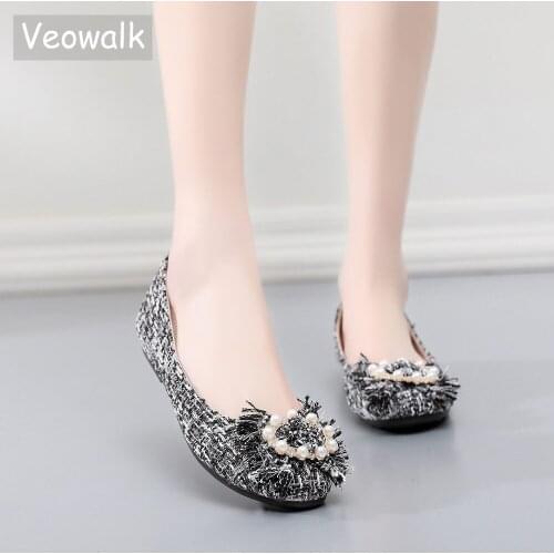 Veowalk Pearls Appliques Women Linen Cotton Ballet Flats Soft Foldable Bottom Ladies Plaid Ballerinas Shoes Comfort Slip-ons