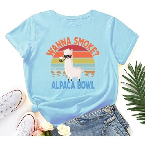 Summer 100% Cotton Women T-shirts Oversized Short Sleeve Funny Alpaca Letter Print Female Fashion Graphic Casual Shirts Tee Tops