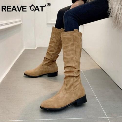 REAVE CAT ladies winter boots knee boots slip on shoes low flat heels Warm plush casual footwear big size 44 46 botines mujer